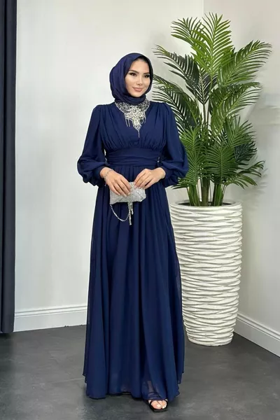 الرقبة الحجر المطرزة الشيفون مساء اللباس الأزرق الداكن