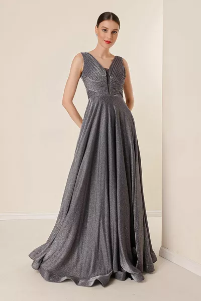 Gefüttertes Mini Kariertes Langes Kleid mit Glitzer und dicken Trägern