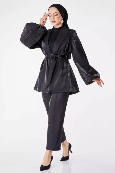Veste + pantalon en satin noir à double boutonnage pour femmes - 