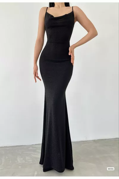 Abito da sera da donna con colletto Degaje nero modello di pesce Maxi lunghezza con cinturino lungo glitter
