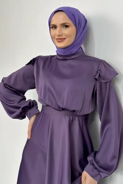 Cera Shoulder Ruffle Satin Evening Dress Lilac