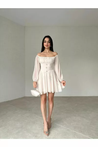 فستان شيفون قصير بتفصيل أزرار