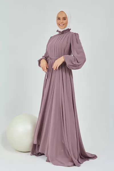 Pleated Tailed Long Evening Dresses - Mink