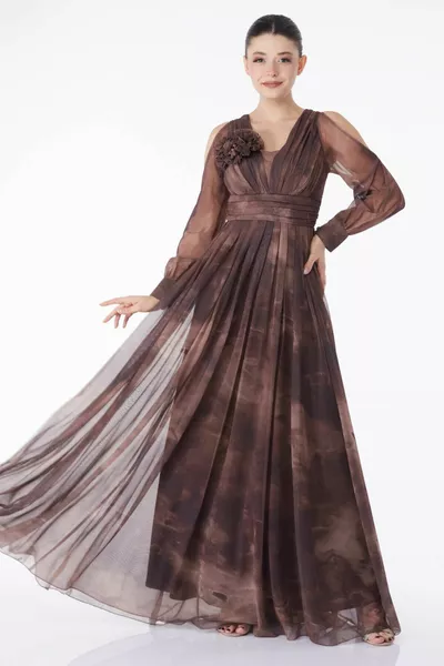 Straight Middle Women's Brown Juicy Patterned Pleated Evening Dress - 
