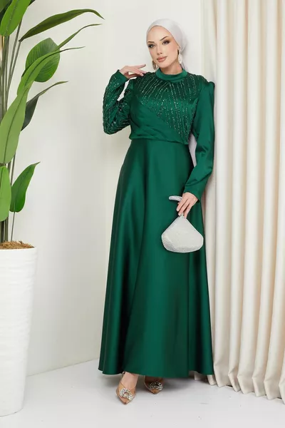 Плиссировка и камни Атласный хиджаб больших размеров Вечернее платье ЗЕЛЕНЫЙ 