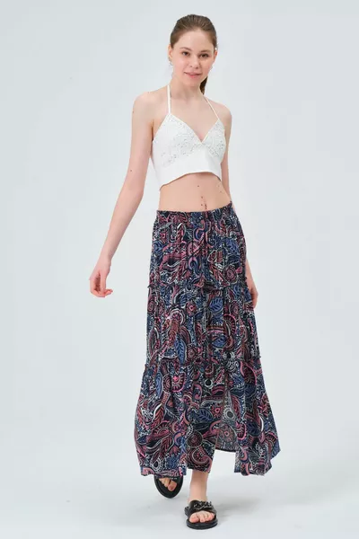 كثيفة تكدرت شق مفصلة ماكسي طول الصيف تنورة زرقاء داكنة تنورة