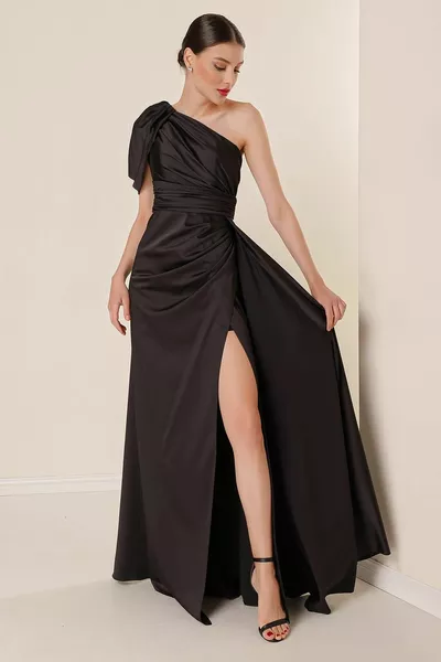 Single Sleeve Draped Lined Satin Long Dress