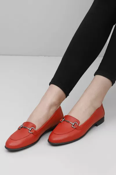 Червена антична предна естествена кожа с кръгъл пръст с плоска подметка катарама дамски балетки 