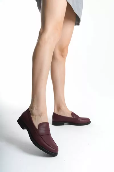 Women's Burgundy Short Heels Casual Loafer Shoes