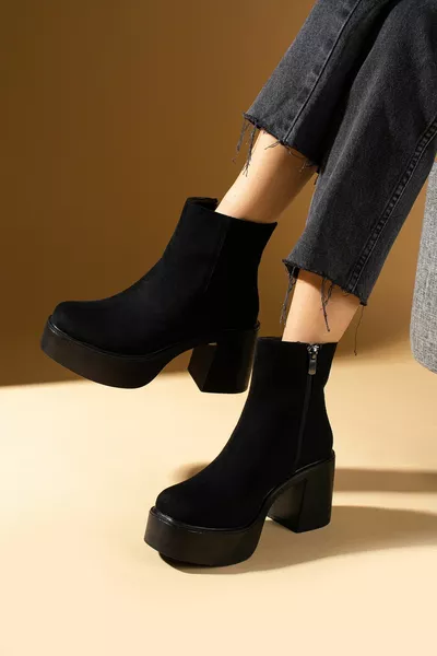 Dames Nieuw Seizoen Zwart Suède Hoge Platform Zool Hakken Casual Stijlvolle Casual Laarzen