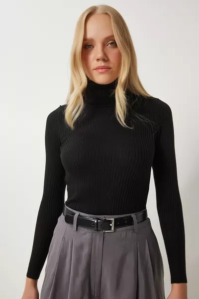 Pull noir en lycra côtelé col roulé femme 