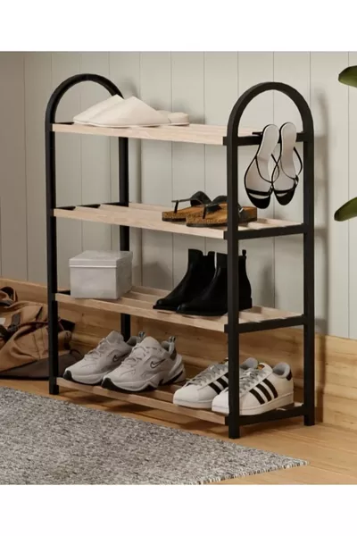 Etraders Solid Wood Shoe Rack with Black Wooden Rods