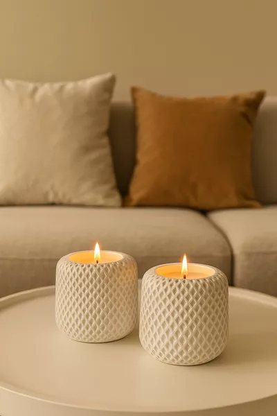 2 Candele in Parafina di Soia Bianche con Motivo Intrecciato