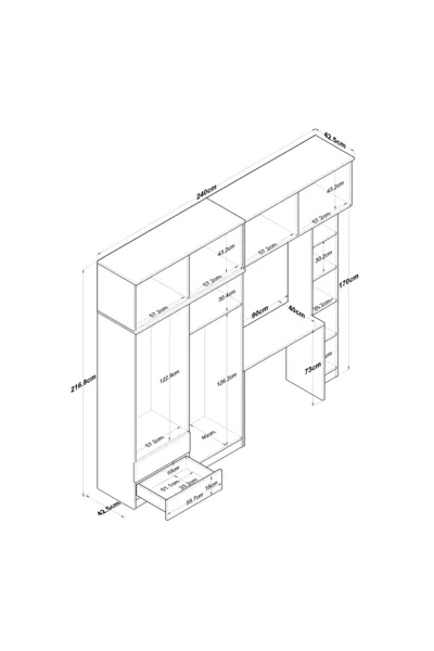 Rani Ampio Armadio per Vestiti + Scrivania + Libreria Cesto Noce - Bianco X Cm