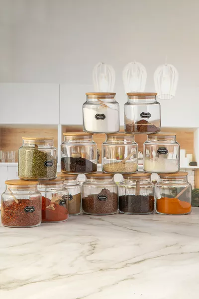 Bamboe deksel, lepel en etiket met kruidenpotjes set Stuk