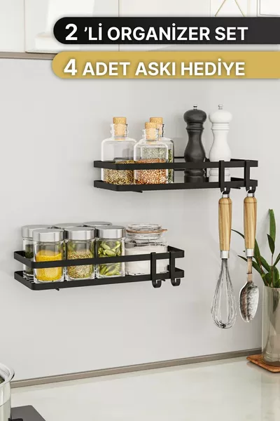 Kitchen Shelf 2-Piece Set Adhesive Luxury Modern Black Metal Spice Rack Organizer