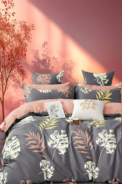 طقم غطاء لحاف مزدوج بمطاط أوراق رمادي  سم