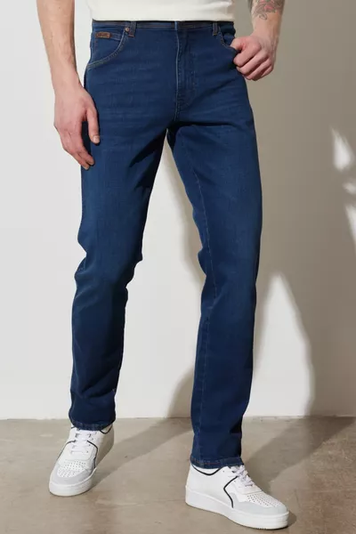 جينز تكساس بقصة ضيقة، خصر عادي، أزرق غامق ومرن