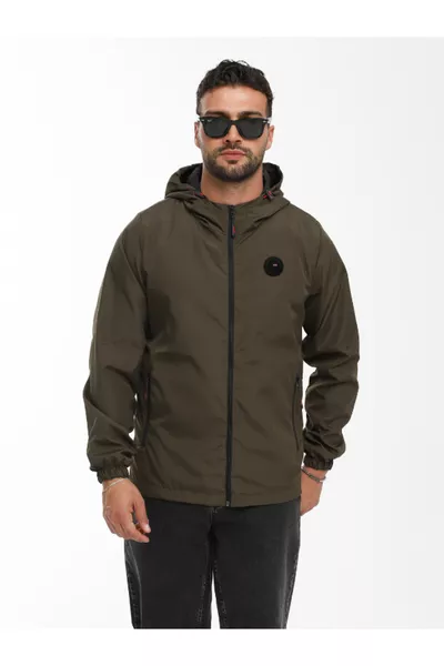 Herren Regenjacke mit Kapuze, Futter in Khaki, Winddicht, mit Taschen