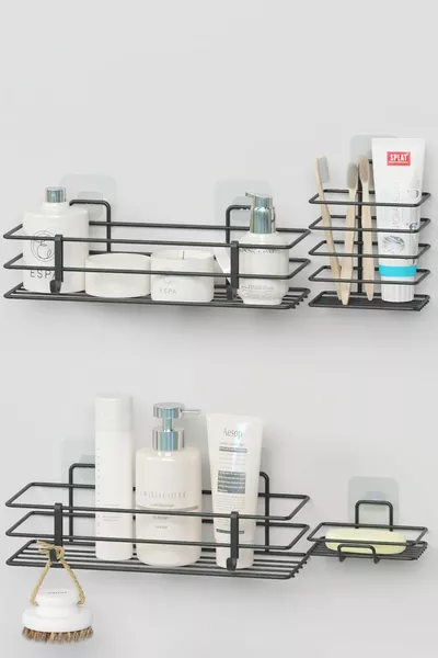 Kleefbare Badkamer Set Doucherek + Zeepbakje + Tandenborstelhouder Metalen Set