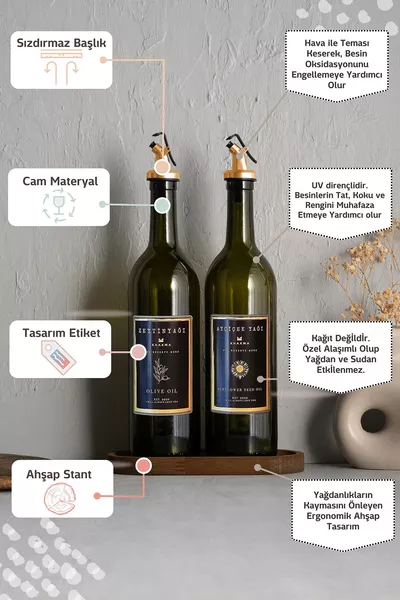 زجاجتي زيت زيتون وزيت نباتي بكوب خشبي باللون الكهرماني والأسود والذهبي