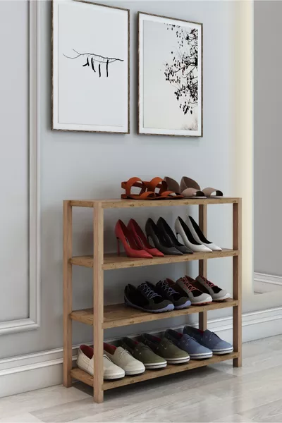 Helsa Pine 4-Shelf Wooden Shoe Rack - Multi-Purpose Decorative Shelf, Organizer - Flat Pack and Easy to Assemble