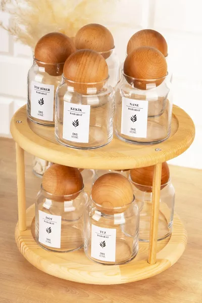 'lu Дървен Капак с Топка, Завъртаща се Поставка, Бутилки за Подправки с Етикет, Стъклен Съд за Съхранение ml