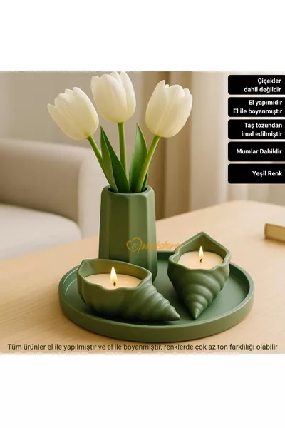 4-Piece Green Set - Oyster Waxed, With Vase, Round Tray (FLOWERS NOT INCLUDED)