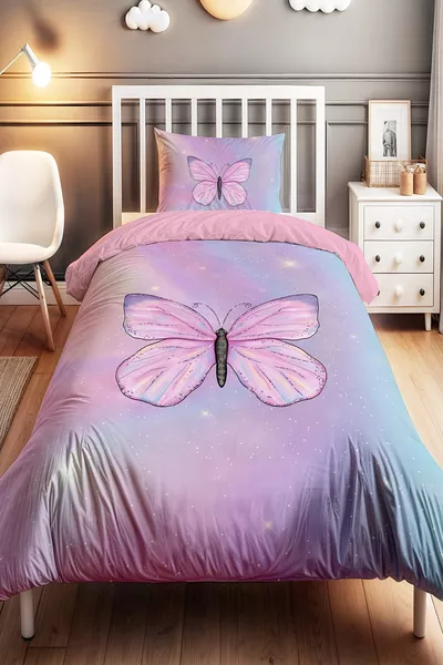 Parure de lit pour bébé et enfant une place avec motif papillons scintillants