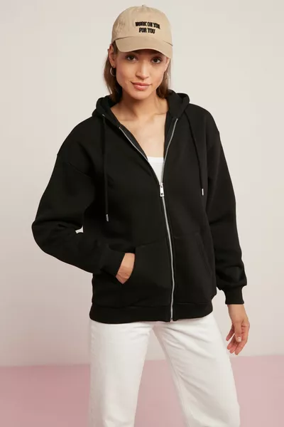 Oynx المرأة الصوف لينة مقنعين سستة كبير الحجم قميص من النوع الثقيل الأسود