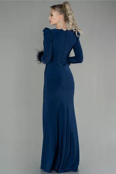 Тъмносиня вечерна рокля с дълъг ръкав Otrichli 