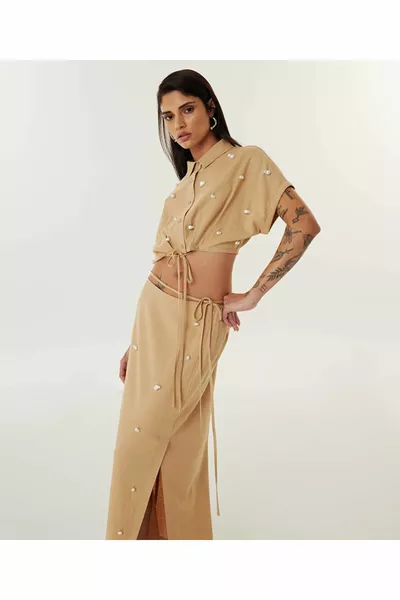 Faux pearl embroidered skirt