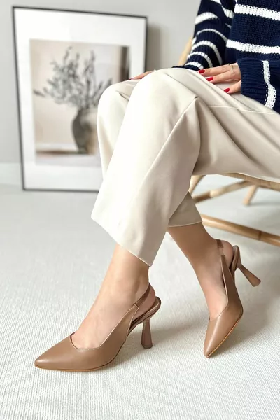 Spark Matte Leather Cappuccino Кафява норка Заострен пръст назад Отворени токчета на токчета Дамски токчета