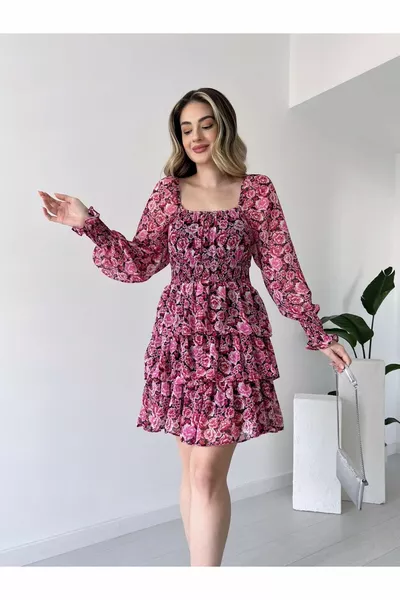 Многослойна рокля от шифон с цип на талията