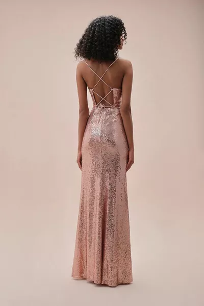 Abito da sera con paillettes con fessura sottile in oro rosa