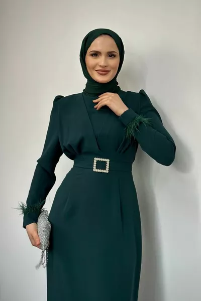 Stell Sleeves Feather Detail Pen Evening Dress Emerald