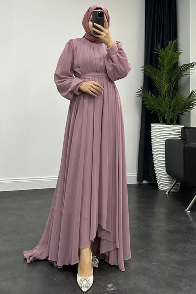 Robe de soirée en mousseline de soie Hijab poudre avec queue plissée sur le devant