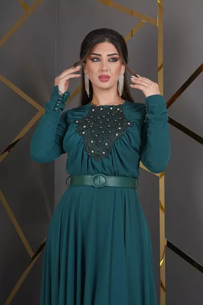 Hijab Chiffon Design Guipure Pearl Belt Accessory Long Dress Evening Dress