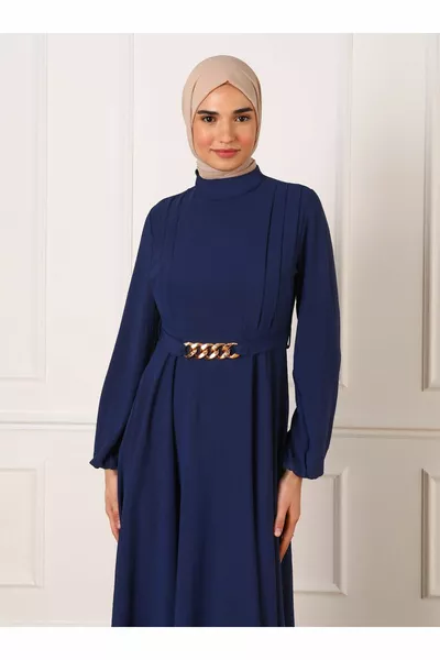 Колан Подробна хиджаб вечерна рокля - тъмно синьо - Refka