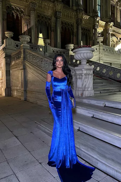 Saks Eldivenli Kadife Abiye Elbise 