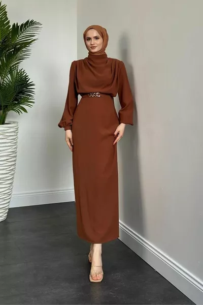 Meridan Top Drape Crepe Evening Dress Tan