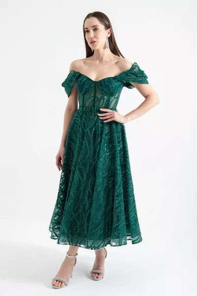 Women's Emerald Green Boat Neck Glitter Midi Evening Dress