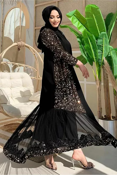 WOMEN'S BLACK (BLACK-GOLD) SEQUINED ABAYA T 