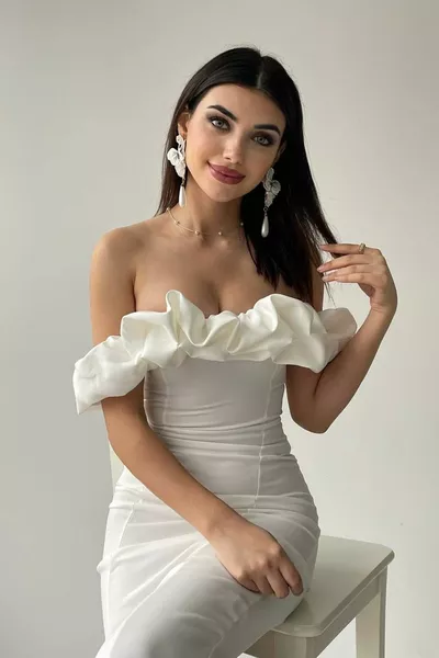 Donna senza spalline scollatura scesa spalla e fessura design midi matita abito da sera bianco 