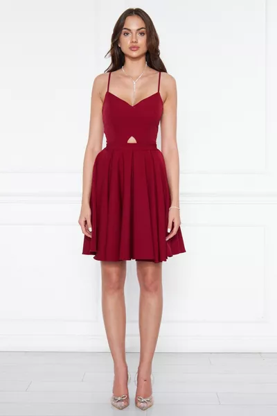 Burgunderfarbenes Mini-Abendkleid mit Kabelkrawatte aus gewebtem Gewebe und Faltenfaltenkleid