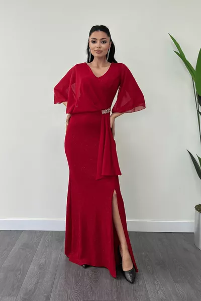 فستان سهرة مزين بقماش شيفون لامع - أحمر