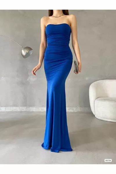 Dimitri Drapierte trägerlose sandfarbene Abendkleider  SAX BLAU