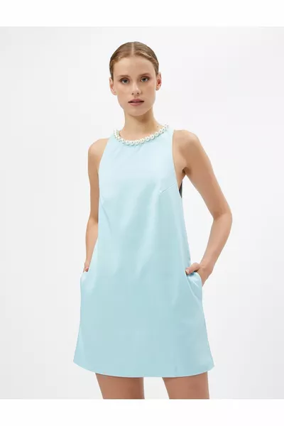 Mini Abendkleid Kragen Perle Detaillierte Tasche A Schnitt