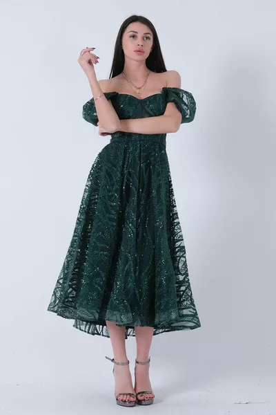 Сърце яка колан пайети тюл Midi дължина вечерна рокля изумруд 
