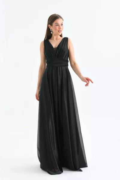 نسائي أسود برقبة V بريق تول سهرة فستان 